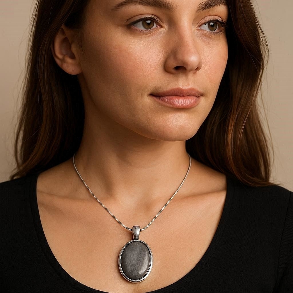 Silver Sheen Likely Obsidian Pendant Necklace